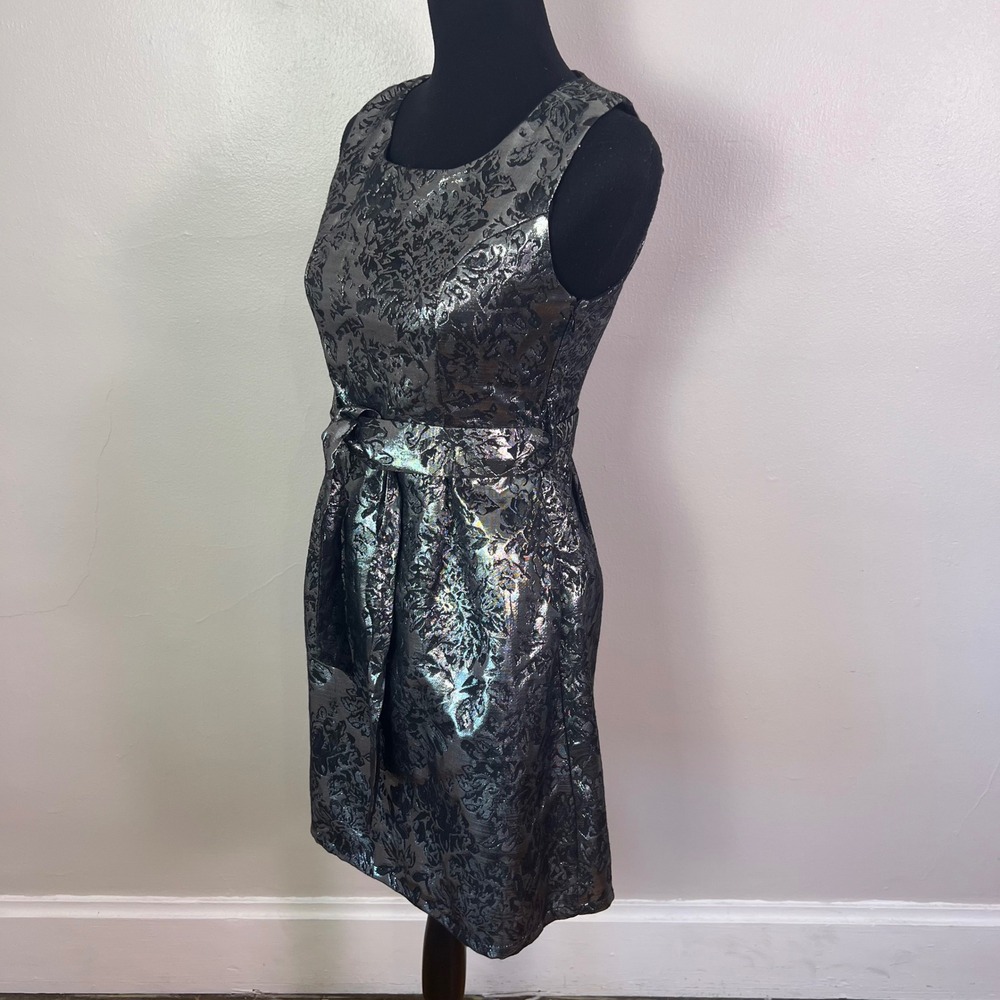 YA Los Angeles Floral Brocade Fit Flare Dress S Silver Metallic Cocktail Party - Picture 3 of 10